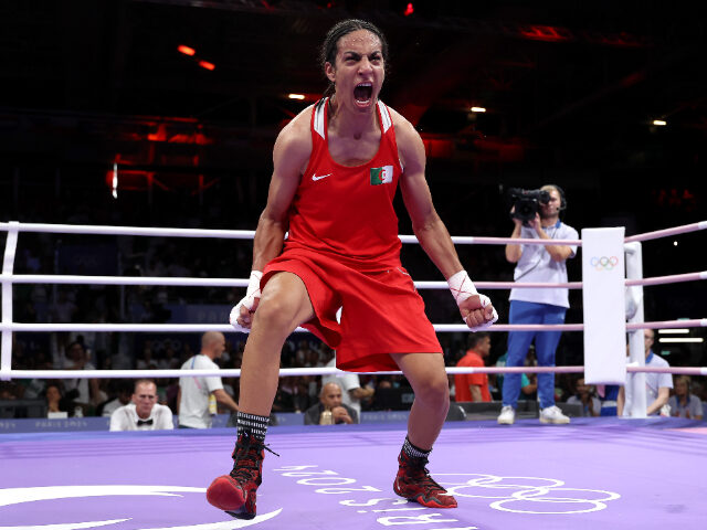 PARIS, FRANCE - AUGUST 03: Imane Khelif of Team Algeria celebrates victory against Anna Lu