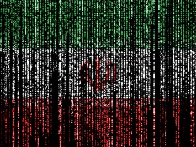 Flag of Iran on a computer binary codes falling from the top and fading away.