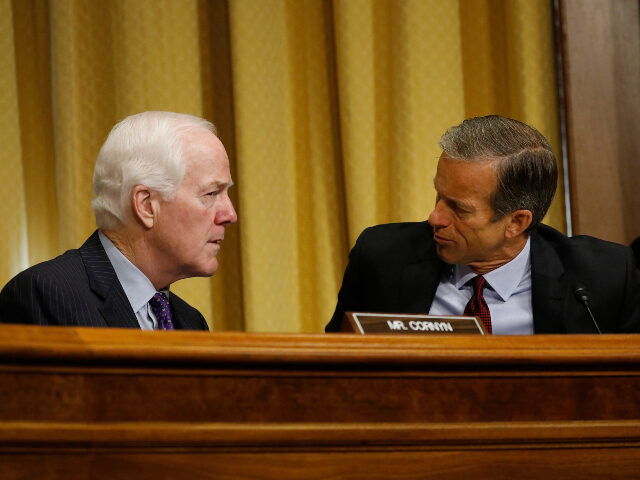 John Cornyn and John Thune Sen. John Cornyn (R-TX) (L) speaks with Sen. John Thune (R-SD) during a tax reform hearing