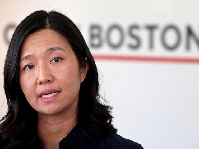 Boston, MA - April 1 - Mayor Michelle Wu speaks to the media at Nubian Square in Roxbury.