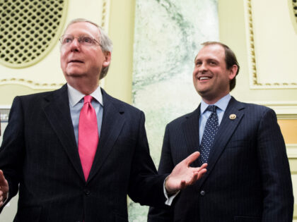 From left, Senate Majority Leader Mitch McConnell, R-Ky., Rep. Andy Barr, R-Ky., Rep. John