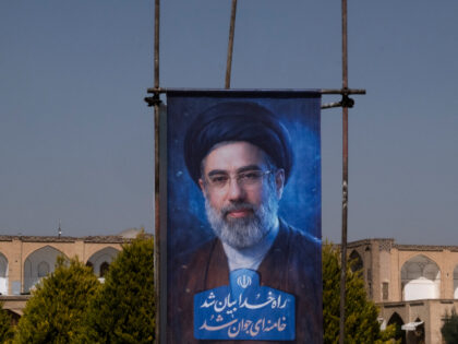 A banner depicting a portrait of Iran's new Supreme Leader, Ayatollah Mojtaba Khamene