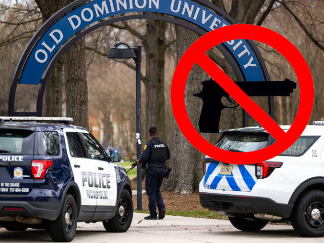 An officer carrying a large firearm heads onto Old Dominion Universityâs campus in Norfol