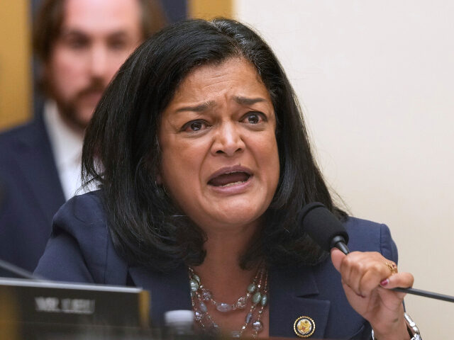 Rep. Pramila Jayapal, D-Wash., speaks with FBI Director Kash Patel as he appears before th