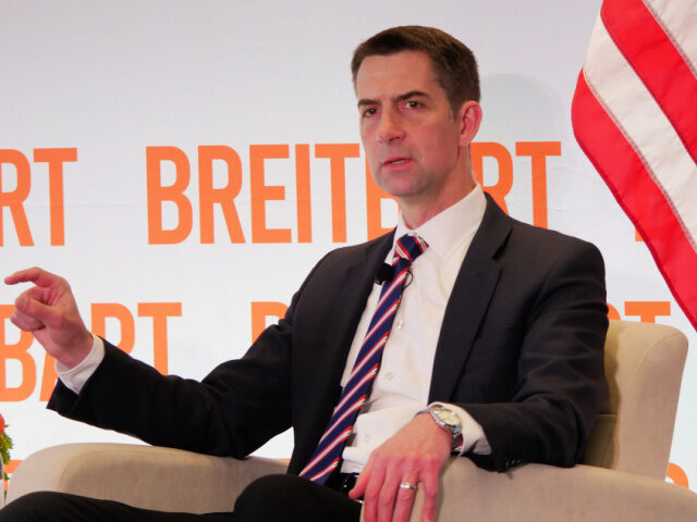 Sen. Tom Cotton (R-AR) speaking at a Breitbart News policy event on March 26, 2026, in Was