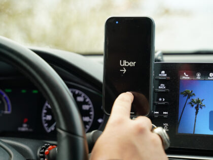 An interior view of a Uber car with the Uber Connect application on in New York, United St
