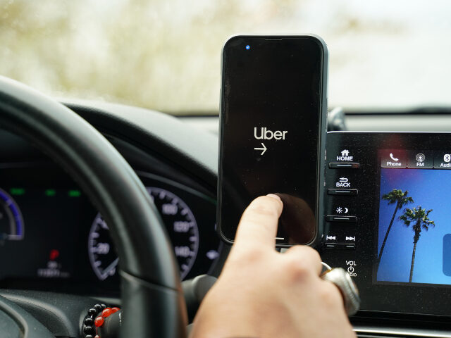 An interior view of a Uber car with the Uber Connect application on in New York, United St