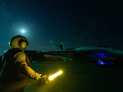 In this handout photo provided by the U.S. Navy, An F/A-18E Super Hornet, attached to Stri
