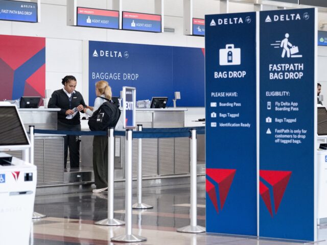 Passengers check in for a flight with Delta Air Lines at Ronald Reagan Washington National