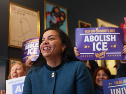 Analilia Mejia, US Democratic House candidate for New Jersey, speaks to supporters and mem