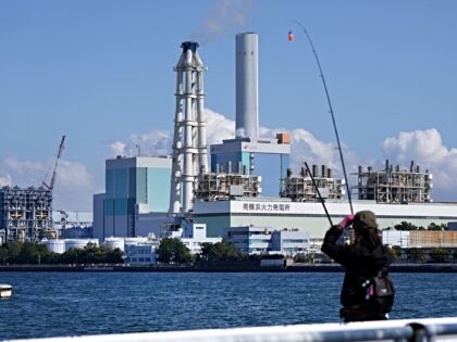 Isogo Thermal Power Station (rear), a coal-fired power plant operated by the Electric Powe