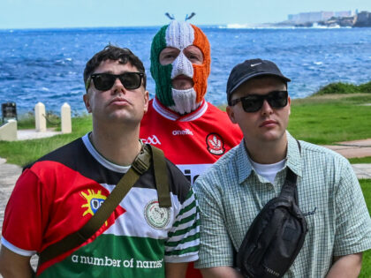 (L-R) Moglai Bap, DJ Provai and Mo Chara, members of Irish band Kneecap, pose for a photo