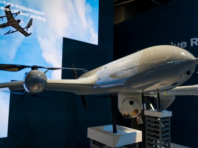 BARCELONA, SPAIN - 2026/03/02: A military drone by the manufacturer Indra is seen at the M