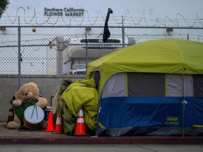 Homeless Tent on Sidewalk in City (Los Angeles, California)