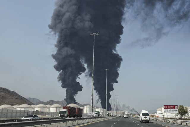 Smoke rises from the direction of a major UAE energy installation in what appears to be th