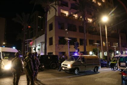 First aid responders gather at a Ramada hotel that Lebanon said was targeted by an Israeli