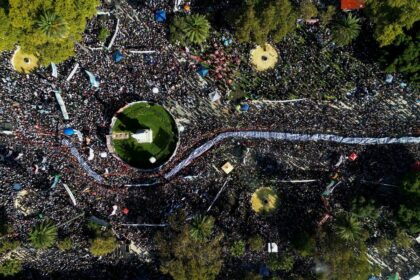 An aerial view of Mayo Square in Buenos Aires on the 50th anniversary of Argentina's
