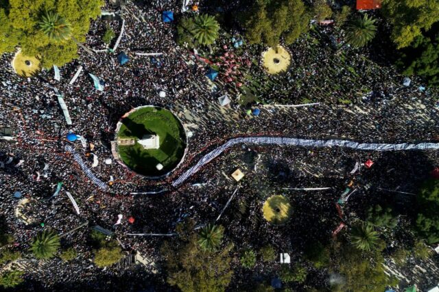 An aerial view of Mayo Square in Buenos Aires on the 50th anniversary of Argentina's