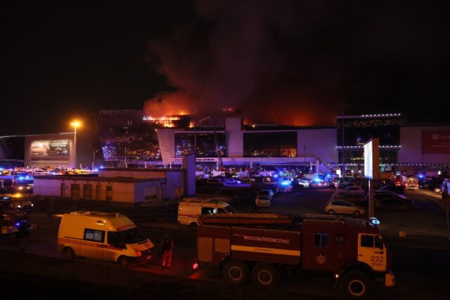 The Crocus City Hall in the Moscow suburbs burning after a shooting attack in which 150 pe