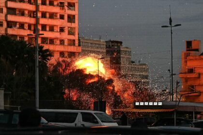 A fireball rises from the site of an Israeli air strike that targeted a building in Beirut