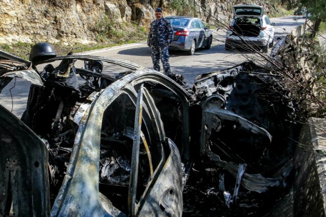 The husk of a destroyed vehicle used by journalists killed by Israel in south Lebanon