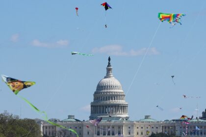 Kites fly during the Cherry Blossom Kite Festival on the National Mall in Washington, wher