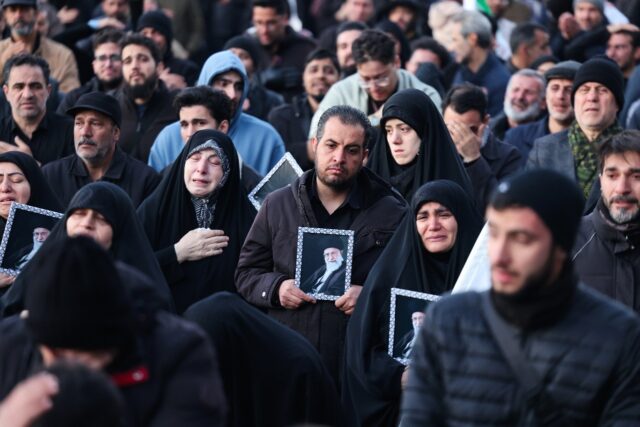 People mourn the death of Iran’s supreme leader Ayatollah Ali Khamenei, who was killed i