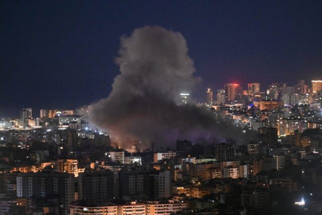 Smoke rises from the site of an Israeli airstrike that targeted an area in Beirut's s