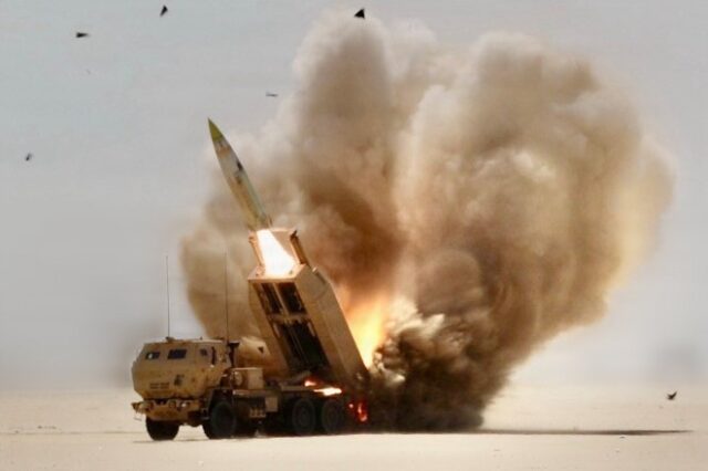 US Army handout photos showed HIMARS multiple rocket launchers firing from te desert durin