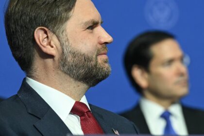 (L/R) US Vice President JD Vance and US Secretary of State Marco Rubio are seen as the fro