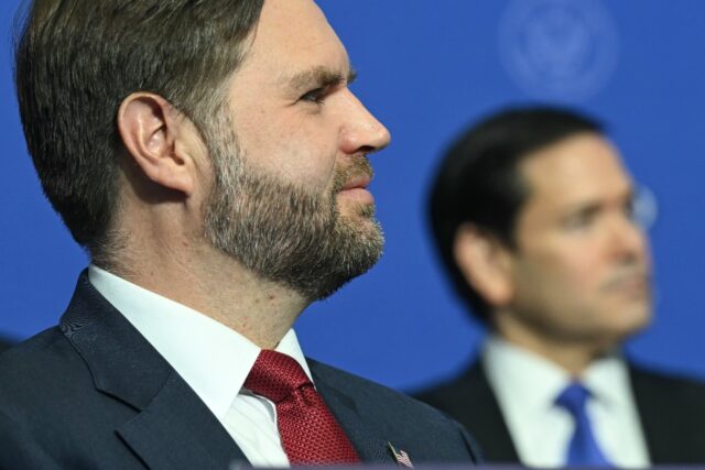 (L/R) US Vice President JD Vance and US Secretary of State Marco Rubio are seen as the fro