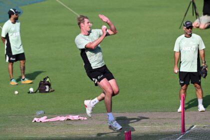 New Zealand's Kyle Jamieson bowls during training on the eve of the T20 World Cup sem