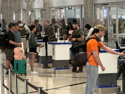 A U.S. Immigration and Customs Enforcement (ICE) agent works a TSA checkpoint at Hartsfiel
