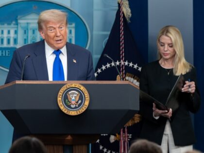 President Donald Trump holds a press conference with Attorney General Pam Bondi and Deputy