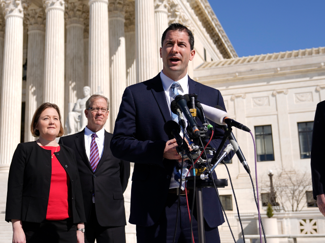 Nebraska Solicitor General Jim Campbell speaks with reporters outside the Supreme Court on