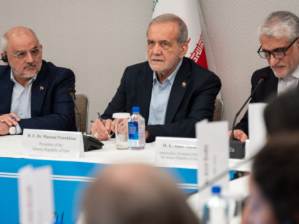 Masoud Pezeshkian, the President of Iran, takes questions from the media at a press briefi
