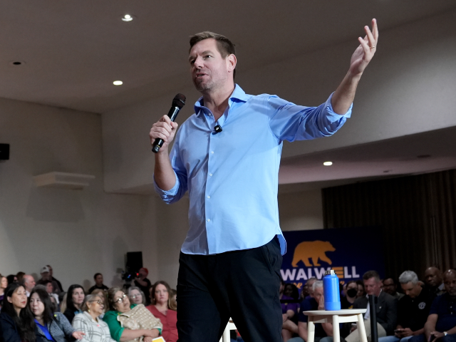California gubernatorial candidate Rep. Eric Swalwell, D-Calif., speaks at a town hall mee