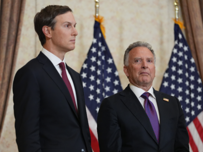 Jared Kushner, left, and Steve Witkoff, Special Envoy for Peace Missions listen as Vice Pr