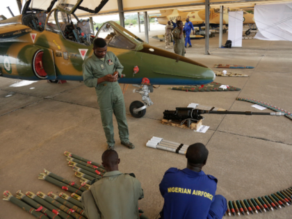 FILE - In this photo taken on April 22, 2017, Nigerian Air Force officers display ammuniti