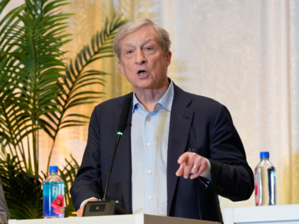 Tom Steyer, right, speaks beside Tony Thurmond during a gubernatorial candidate forum on L