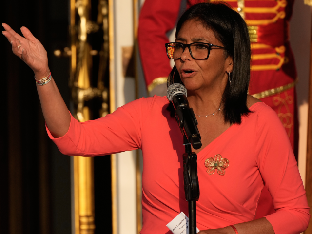 Venezuela's acting President Delcy Rodriguez speaks at Miraflores Palace during a mee