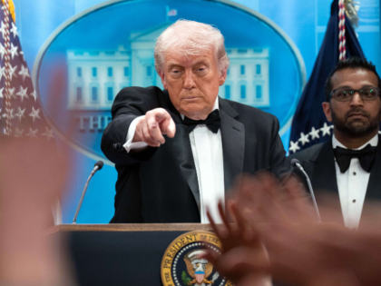 President Donald Trump gestures as he speaks in the James Brady Press Briefing Room at the