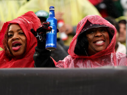 An Atlanta Falcons fan holds a Bud Light bottle during an NFL football game between the Ne