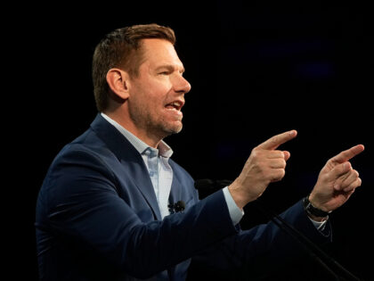 California gubernatorial candidate Eric Swalwell speaks at the 2026 California Democratic