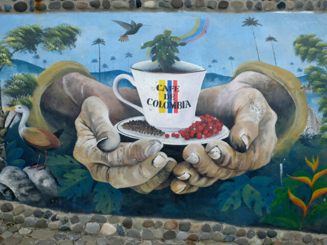 Colombia coffee SALENTO, COLOMBIA - AUGUST 3, 2021: A mural depicting the coffee region in Quindio seen ne