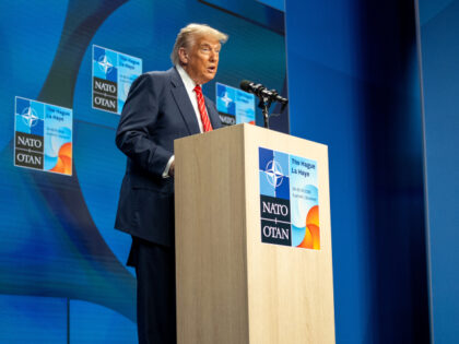 President Donald Trump participates in a press conference, Wednesday, June 25, 2025, durin