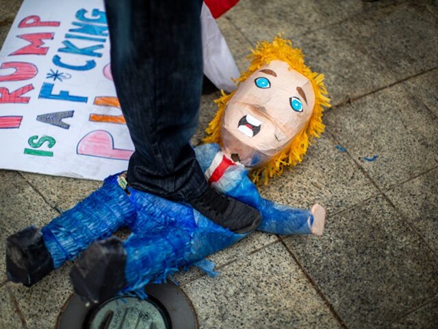 LOS ANGELES, CA - JUNE 02: A counter demonstrator steps on a Trump pinata during a Preside