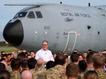 Britain's Prime Minister Keir Starmer speaks to soldiers at the RAF base in Akrotiri on th