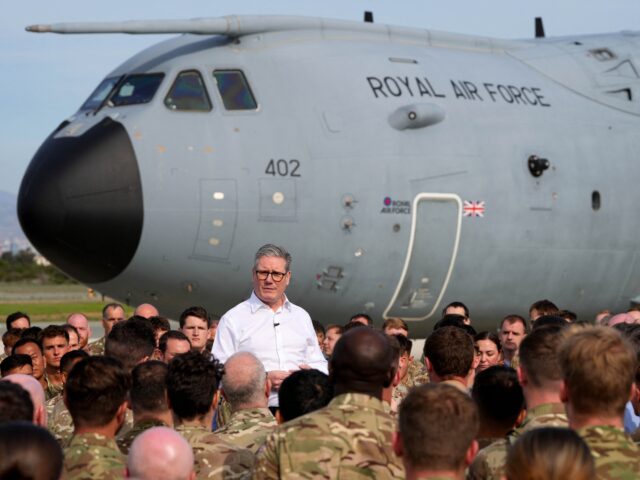Britain's Prime Minister Keir Starmer speaks to soldiers at the RAF base in Akrotiri on th