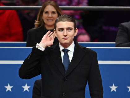 TOPSHOT - Barron Trump gestures after being acknowledged by his father US President Donald